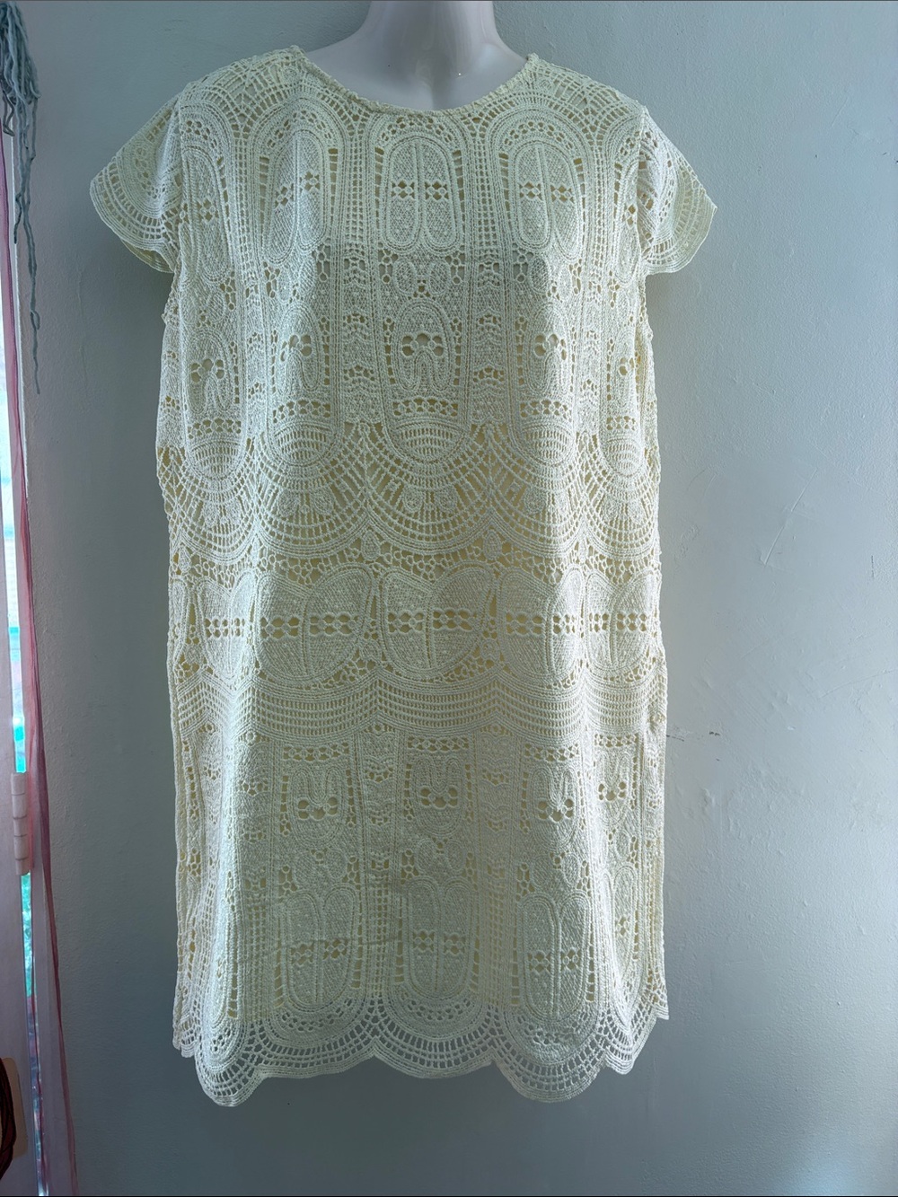 Mango Lace Midi Dress in Pale Yellow